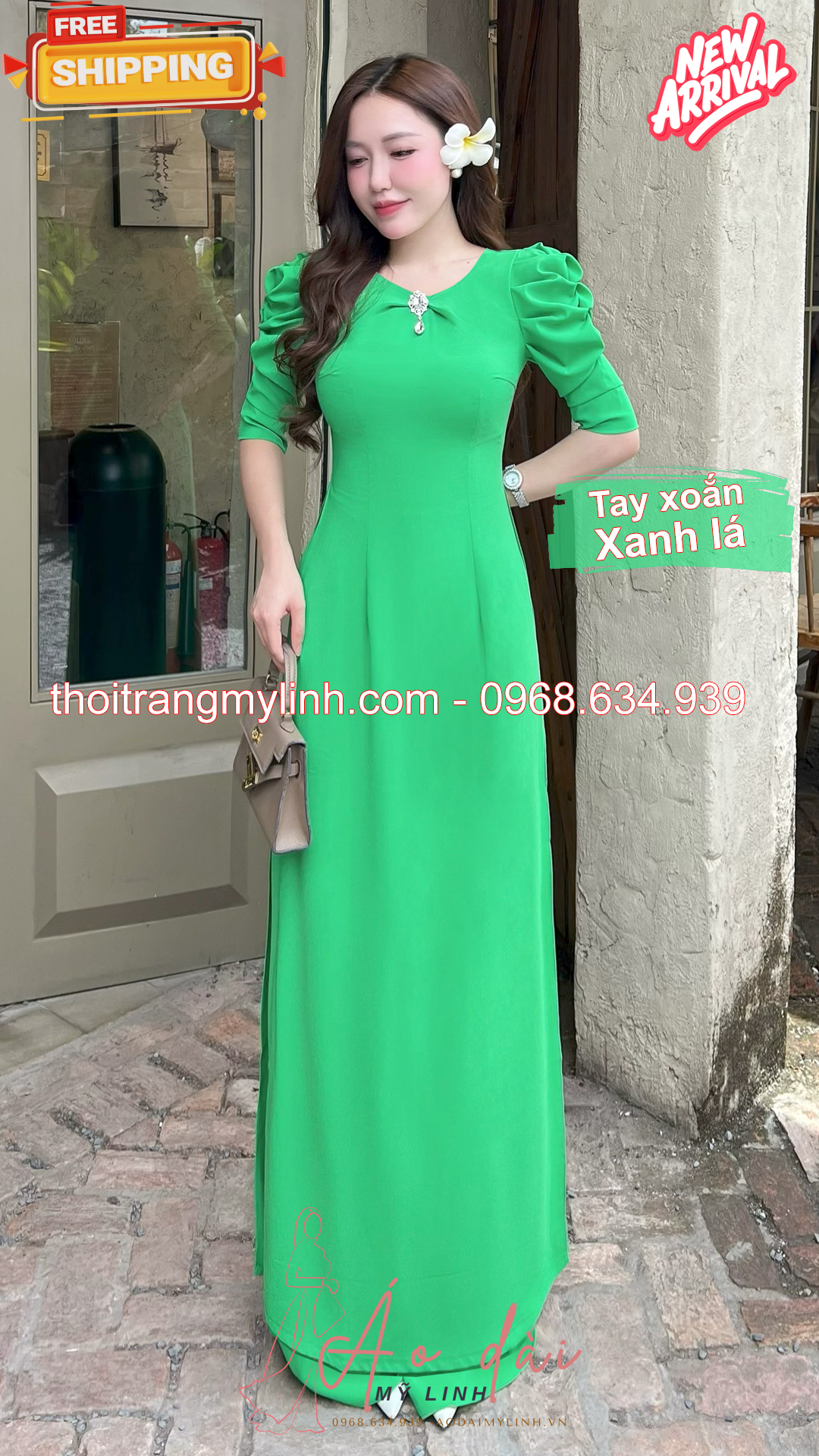 Bộ áo dài cổ tròn đính đã tay xoắn xanh lá